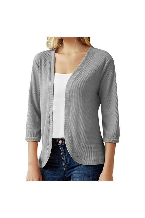 Women's Knit Sweater 3/4 Sleeve Crop Cardigan Jackets Open Front Short Bolero Shrugs for Dresses Tops Solid Lightweight Soft(Gray,S)