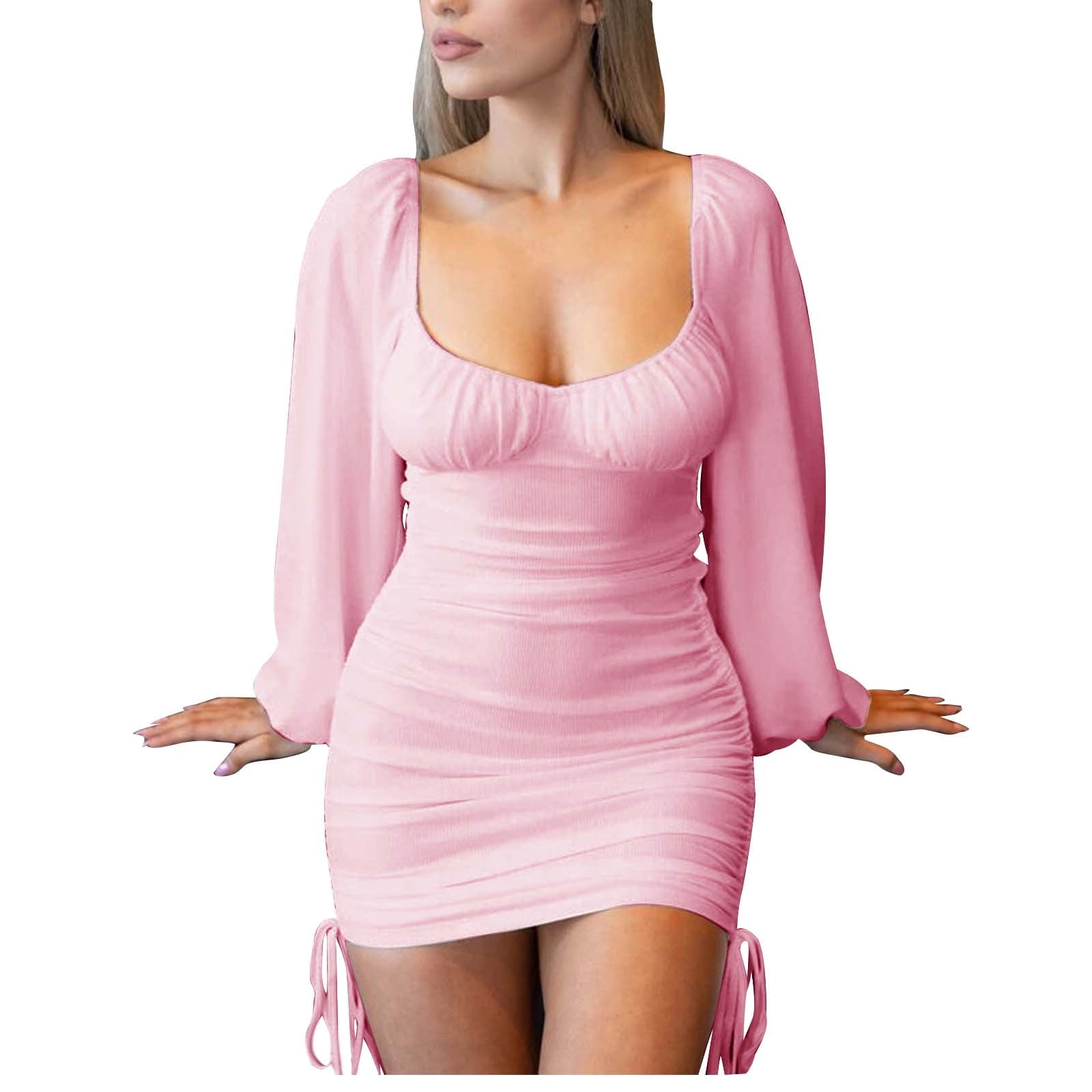 RYRJJ Women's Lantern Long Sleeve Bodycon Cocktail Dresses Square Neck  Drawstring Ruched Evening Club Party Mini Dress(Pink
