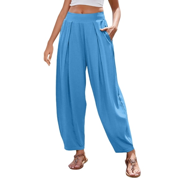 RYRJJ Women's Linen Harem Pants Loose Fit Boho Pants with Wide Waistband Casual Lounge Trousers for Summer Beach Vacation(Light Blue;M)