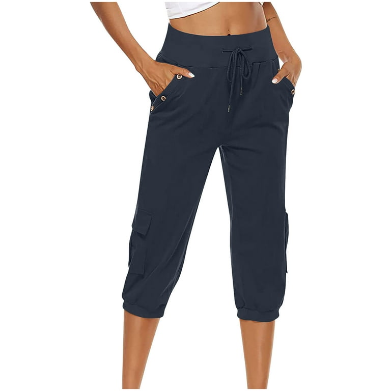 RYRJJ Women's Linen High Waist Pants Drawstring Cargo Capris Pants with 4  Pockets Casual Wide Leg Workour Yoga Cropped Pants(Navy,XL)