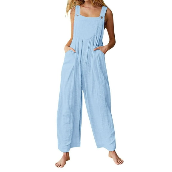 RYRJJ Women's Linen Overalls Casual Loose Rompers Sleeveless Adjustable Straps Bib Wide Leg Jumpsuit Pants with Pockets(Light Blue,L)