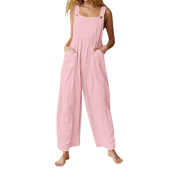 RYRJJ Women's Linen Overalls Casual Loose Rompers Sleeveless Adjustable Straps Bib Wide Leg Jumpsuit Pants with Pockets(Pink,XXL)