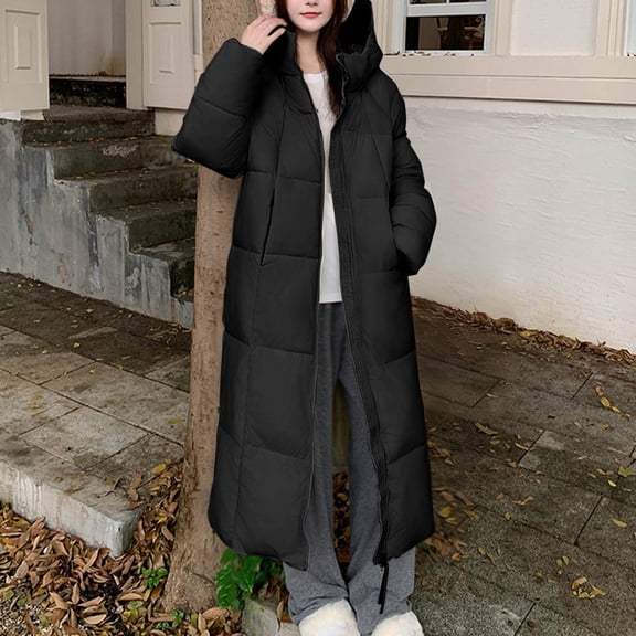 RYRJJ Women's Long Quilted Coat wiht Hood Zip Up Thickened Puffer Down Jacket Padded Winter Thermal Parkas Outerwear(Black,S)