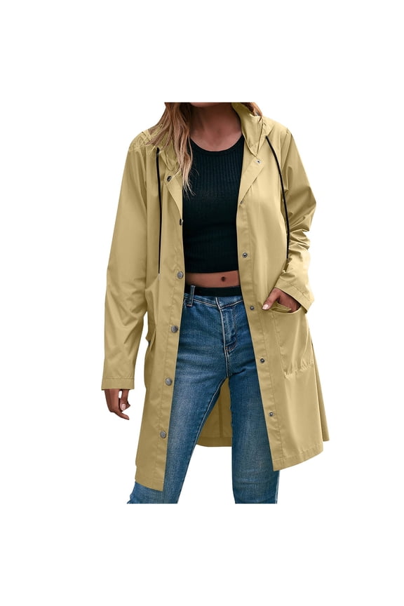 Women's Long Rain Jacket Waterproof Rain Coat with Hood Outdoor Lightweight Raincoats Windbreaker Outwear(Khaki,XL)