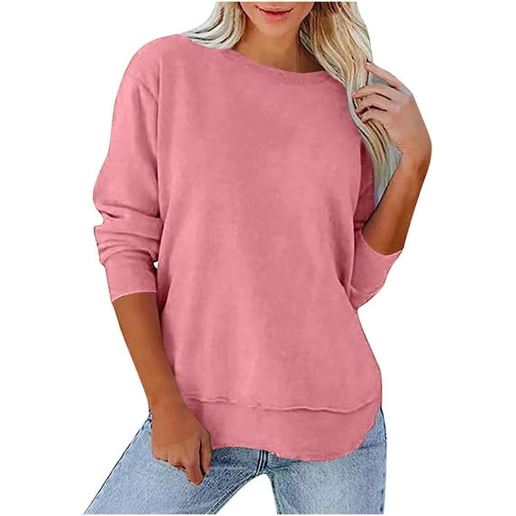 RYRJJ Women's Long Sleeve Crewneck Sweatshirt Loose Lightweight Pullover Sweatshirts Tops Trendy Solid Casual Hoodie(Pink,L)