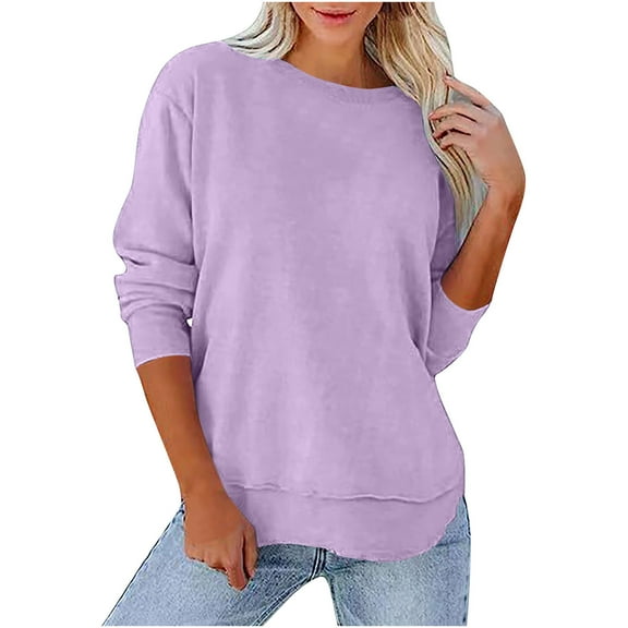 RYRJJ Women's Long Sleeve Crewneck Sweatshirt Loose Lightweight Pullover Sweatshirts Tops Trendy Solid Casual Hoodie(Purple,XXL)