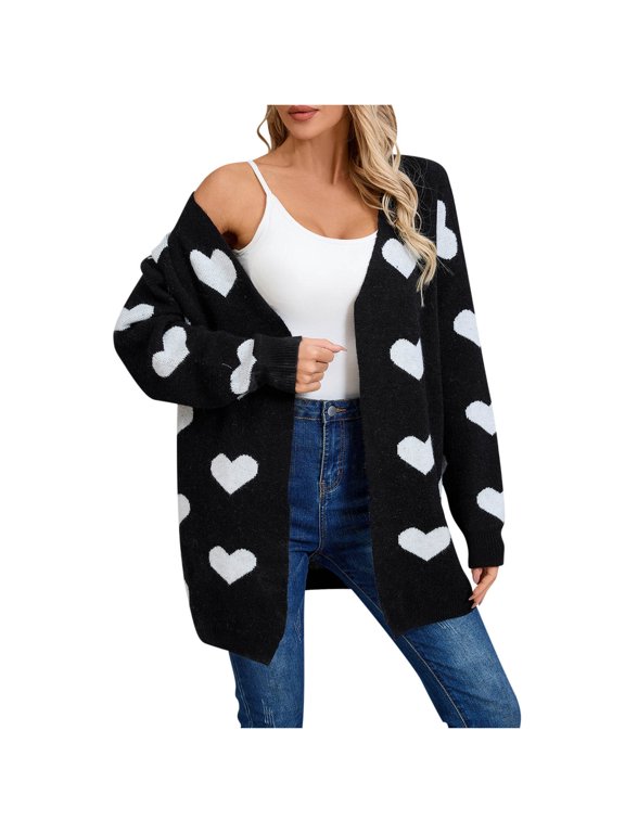 Women's Long Sleeve Cute Heart Cardigan Sweaters V Neck Open Front Ribbed Knit Valentines Sweater Jacket Coat(Black,S)