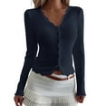 thumbnail image 1 of RYRJJ Women's Long Sleeve Lace Tops Button Down V Neck Slim Fitted Blouses Ribbed Knit Y2k Cropped Shirts(Navy,L), 1 of 7