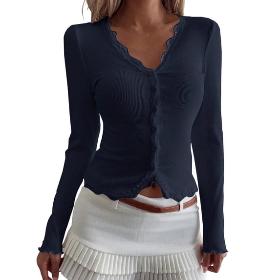 RYRJJ Women's Long Sleeve Lace Tops Button Down V Neck Slim Fitted Blouses Ribbed Knit Y2k Cropped Shirts(Navy,L)