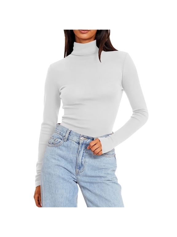 Women's Long Sleeve Mock Turtle Neck Tops Fall Winter Thermal Undershirts Basic Fleece Lined Lightweight Slim Fitted Shirts(White,XXL)