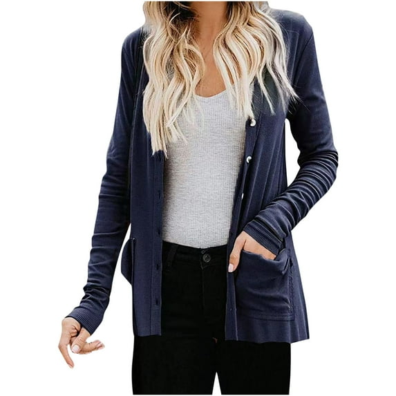 RYRJJ Women's Long Sleeve Ribbed Knit Cardigan Sweaters Fall Fashion Open Front Cardigan Lightweight Button Up Basic Loose Sweater Outerwear(Navy,M)