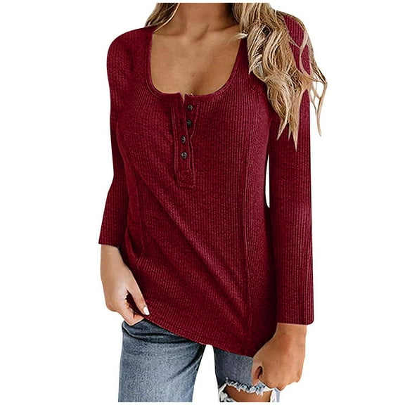 RYRJJ Women's Long Sleeve Shirts Casual Fall Henley Top Button Scoop Neck Blouses Basic Ribbed Knit T Shirts(Wine,3XL)