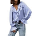 thumbnail image 1 of RYRJJ Women's Long Sleeve Shirts Ruffle Front V-Neck Dressy Casual Satin Silk Blouse Loose Tunic Tops for Business Office Work(Purple,L), 1 of 5
