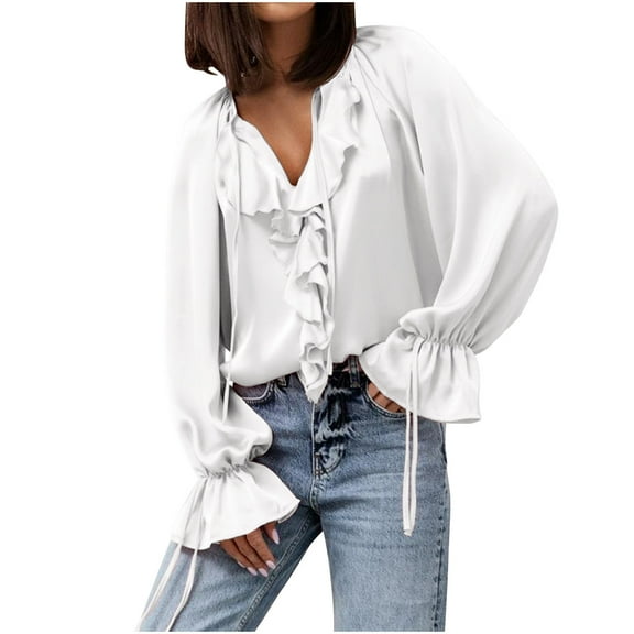 RYRJJ Women's Long Sleeve Shirts Ruffle Front V-Neck Dressy Casual Satin Silk Blouse Loose Tunic Tops for Business Office Work(White,S)