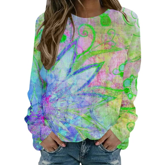 RYRJJ Women's Long Sleeve Tie Dye T Shirts Drop Shoulder Crewneck Pullover Sweatshirt Tops Fall Fashion Teen Girls Streetwear Clothes(Green,XXL)