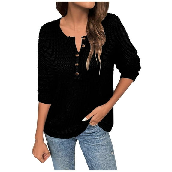 RYRJJ Women's Long Sleeve Waffle Knit Shirts Dressy Casual Loose Button V Neck Henley Tops Fall Basic Tee Blouse(Black,XL)