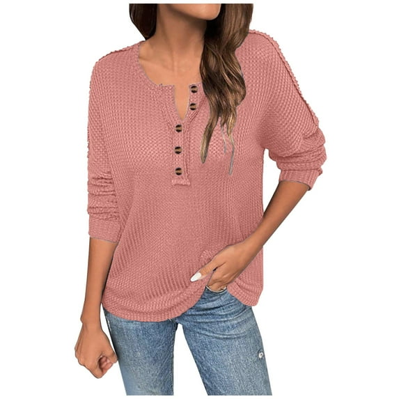 RYRJJ Women's Long Sleeve Waffle Knit Shirts Dressy Casual Loose Button V Neck Henley Tops Fall Basic Tee Blouse(Pink,3XL)