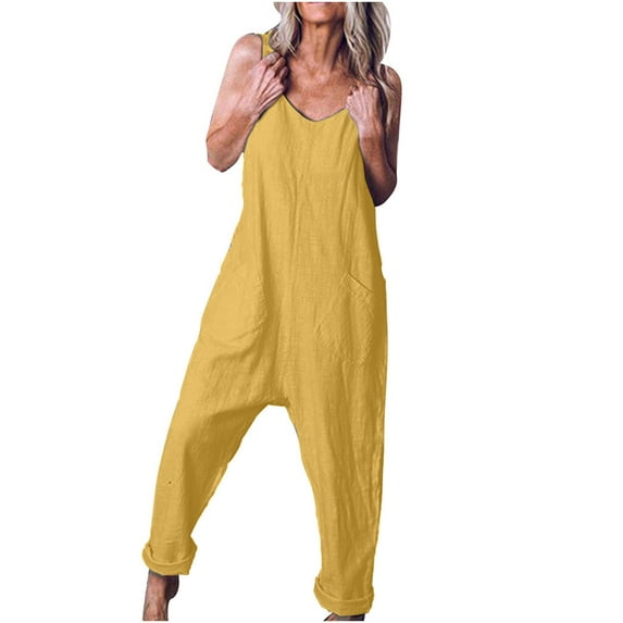 RYRJJ Women's Loose Casual V Neck Sleeveless Jumpsuits Baggy Linen Harem Long Pants Bib Overalls with Pockets(Yellow,XXL)