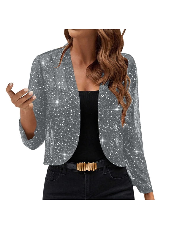 Women's Mesh 3/4 Sleeve Cardigans Open Front Sequin Bolero Glitter Cropped Cardigan Jacket Cocktail Party Shrug Short Coats(Gray,L)