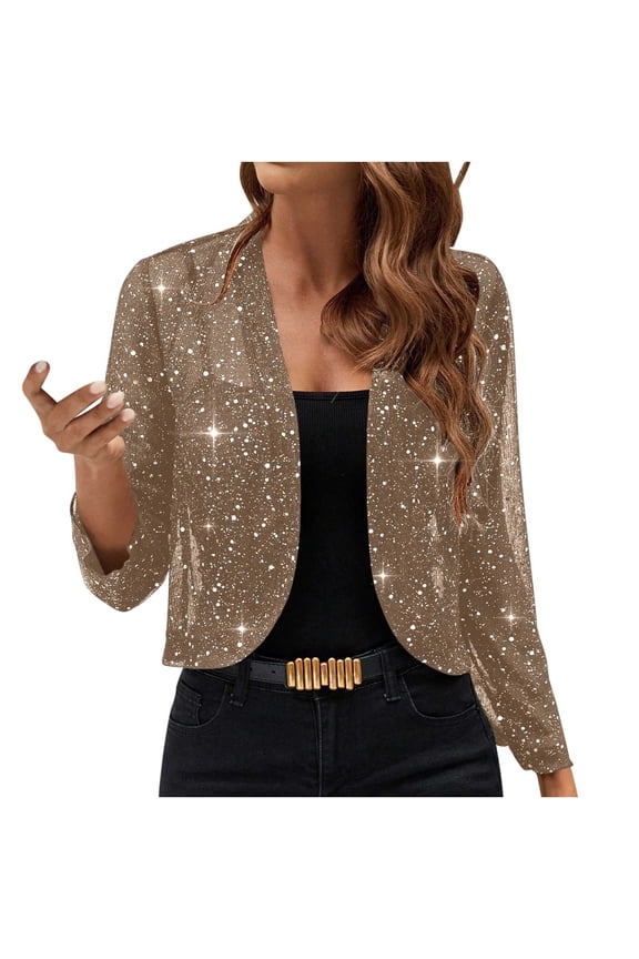 Women's Mesh 3/4 Sleeve Cardigans Open Front Sequin Bolero Glitter Cropped Cardigan Jacket Cocktail Party Shrug Short Coats(Khaki,L)