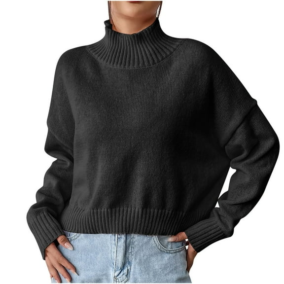 RYRJJ Women's Mock Turtleneck Cropped Sweater Long Sleeve Knitted Pullover Sweaters Trendy Fall Winter Basic Jumper Top(Black,S)