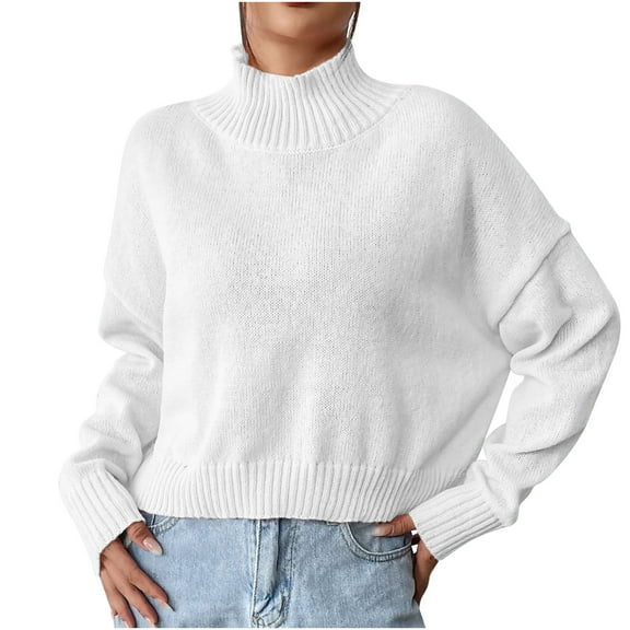 RYRJJ Women's Mock Turtleneck Cropped Sweater Long Sleeve Knitted Pullover Sweaters Trendy Fall Winter Basic Jumper Top(White,S)