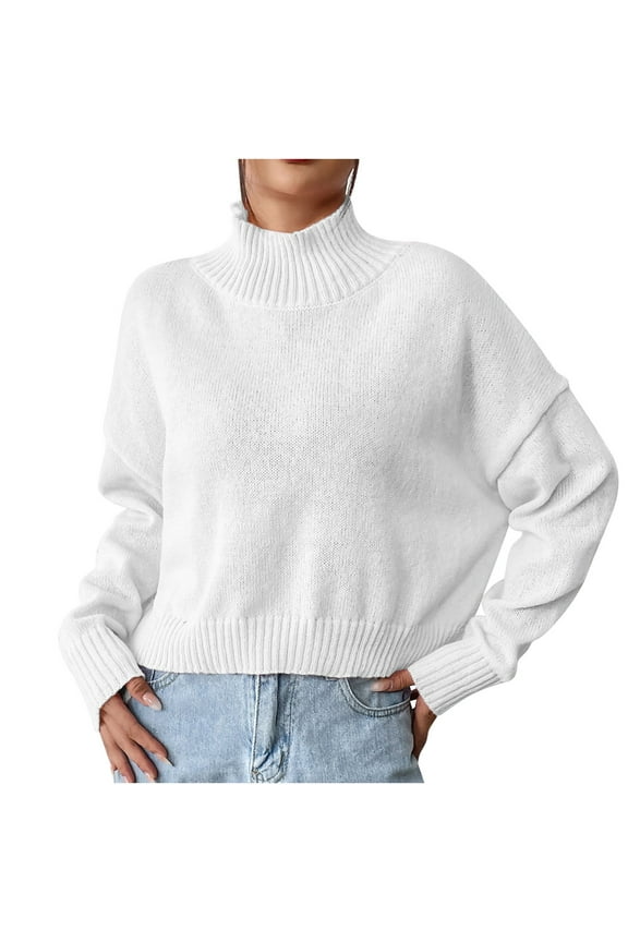 Women's Mock Turtleneck Cropped Sweater Long Sleeve Knitted Pullover Sweaters Trendy Fall Winter Basic Jumper Top(White,S)
