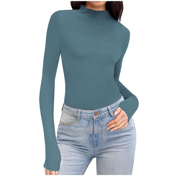 RYRJJ Women's Mock Turtleneck Long Sleeve Shirts Ribbed Knit Lightweight Pullover Sweater Stretch Fitted Thermal Basic Tops(Light Blue,XL)