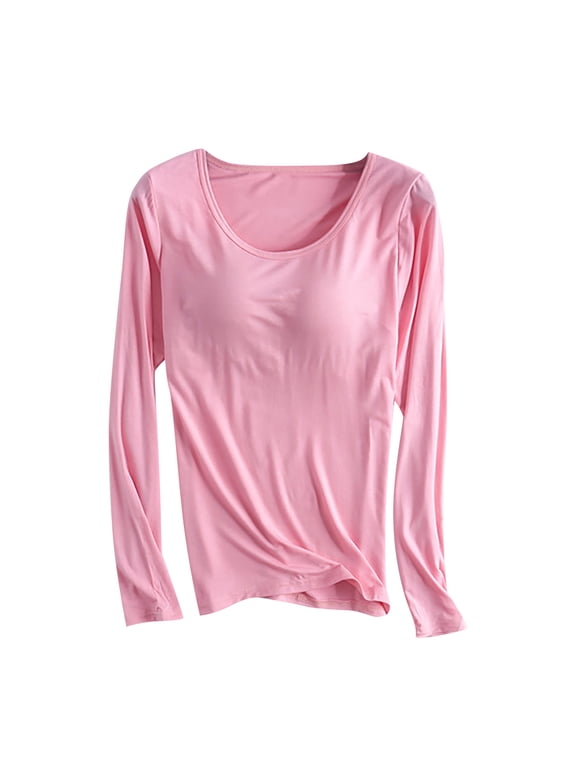 Women's Modal T Shirt Built-in Padded Bra Active Tops Soft Pajama Long Sleeve Shirts Plus Size Workout Yoga Athletic Tees(Pink,4XL)