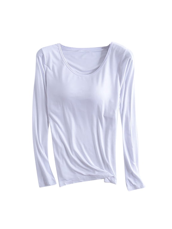 Women's Modal T Shirt Built-in Padded Bra Active Tops Soft Pajama Long Sleeve Shirts Plus Size Workout Yoga Athletic Tees(White,S)