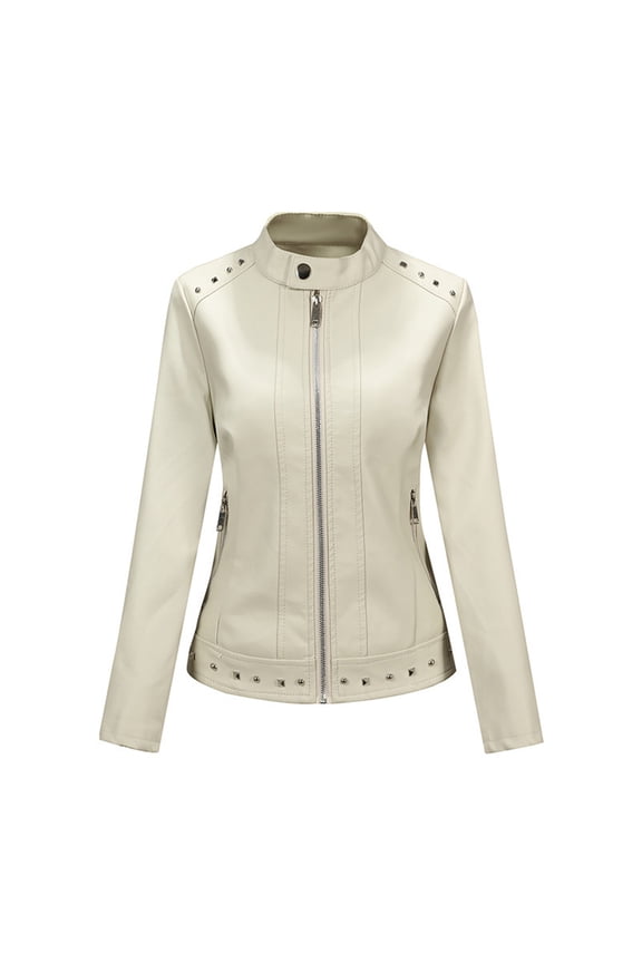 Women's Moto Biker Jackets Long Sleeve Stand Collar Slim Zip Up Outwear Fall Trendy Faux Leather Coat Jacket with Pockets(Beige,3XL)