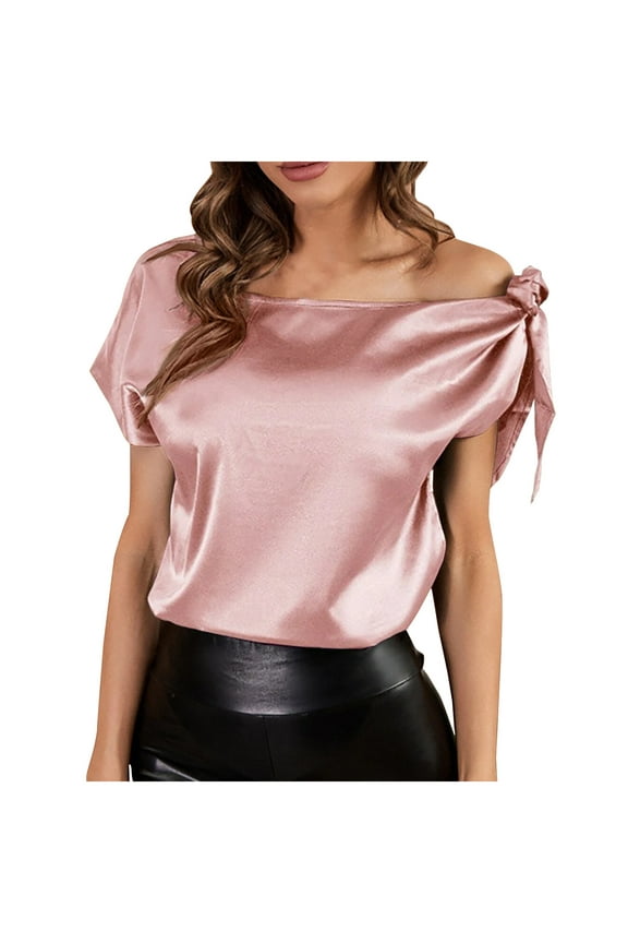 Women's Off Shoulder Satin Tops Elegant Short Sleeve Asymmetrical Neck Silk Blouse Dressy Casual Shirts(Pink,L)