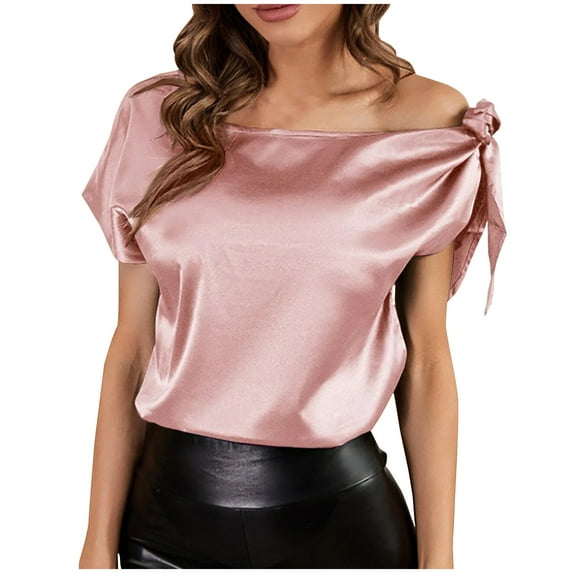 RYRJJ Women's Off Shoulder Satin Tops Elegant Short Sleeve Asymmetrical Neck Silk Blouse Dressy Casual Shirts(Pink,L)