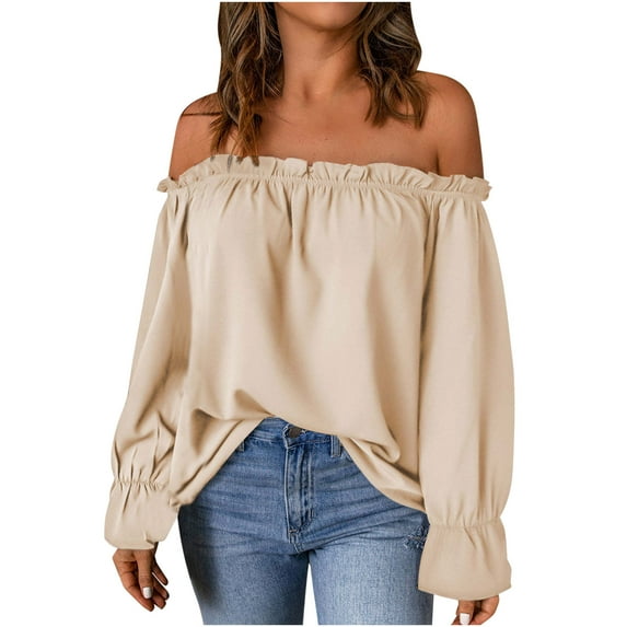 RYRJJ Women's Off Shoulder Tops Elegant Trendy Ladies Ruffle Long Sleeve Blouse Casual Loose Dressy Shirts(Beige,S)