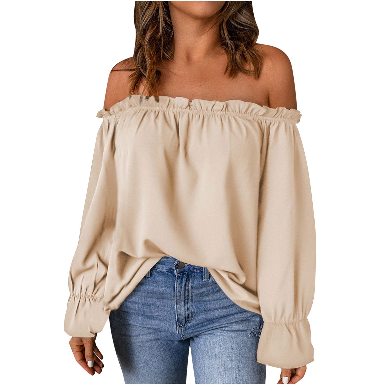 RYRJJ Women's Off Shoulder Tops Elegant Trendy Ladies Ruffle Long