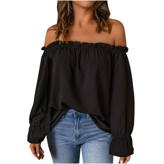 RYRJJ Women's Off Shoulder Tops Elegant Trendy Ladies Ruffle Long Sleeve Blouse Casual Loose Dressy Shirts(Black,M)