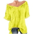 thumbnail image 1 of RYRJJ Women's Off The Shoulder Tops Shirred V-Neck Short Sleeve Flowy Cotton Linen Blouses Fashion Summer Lace Shirts Plus Size Light Yellow S, 1 of 7