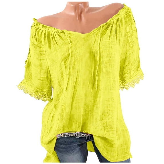 RYRJJ Women's Off The Shoulder Tops Shirred V-Neck Short Sleeve Flowy Cotton Linen Blouses Fashion Summer Lace Shirts Plus Size Light Yellow S
