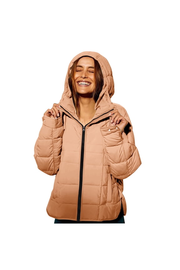 Women's Oversized Puffer Jacket Lightweight Zip Up Hooded Padded Quilted Jackets with Pockets Fall Winter Warm Coats(Khaki,S)