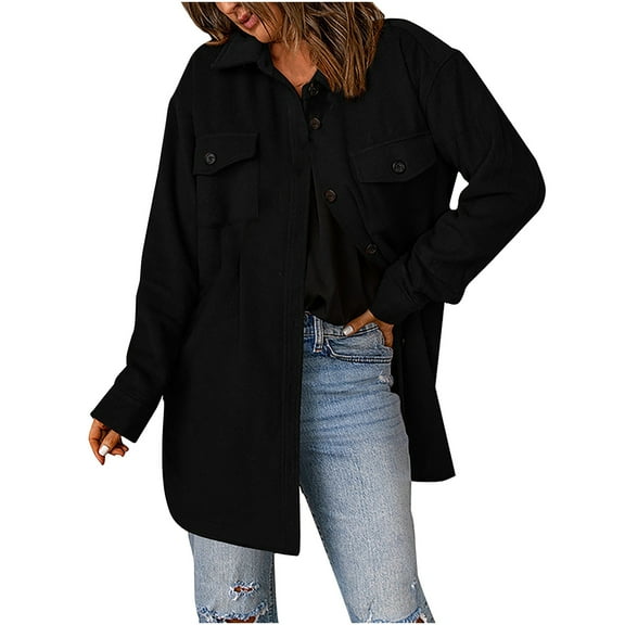 RYRJJ Women's Oversized Shacket Jacket Trendy Long Sleeve Button Up Flannel Shirt Winter Woolen Blend Jackets Coats with Pockets(Black,S)