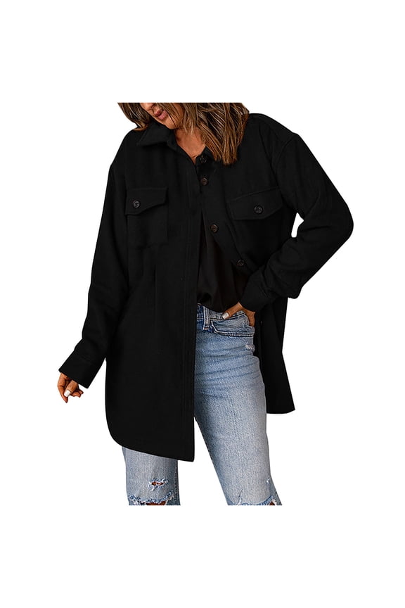 Women's Oversized Shacket Jacket Trendy Long Sleeve Button Up Flannel Shirt Winter Woolen Blend Jackets Coats with Pockets(Black,XL)