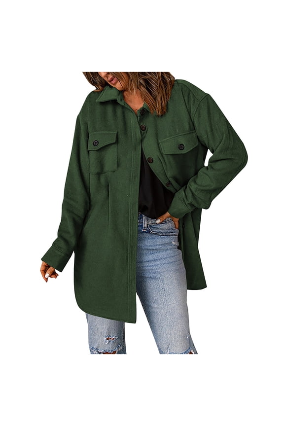 Women's Oversized Shacket Jacket Trendy Long Sleeve Button Up Flannel Shirt Winter Woolen Blend Jackets Coats with Pockets(Green,XL)