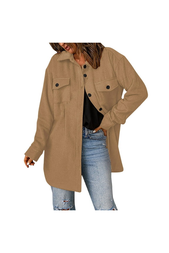 Women's Oversized Shacket Jacket Trendy Long Sleeve Button Up Flannel Shirt Winter Woolen Blend Jackets Coats with Pockets(Khaki,M)