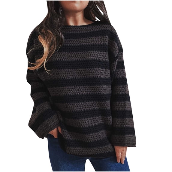 RYRJJ Women's Oversized Striped Sweaters Long Sleeve Crewneck Pullover Fall Fashion Chunky Knitted Sweater Tops(Black,XL)