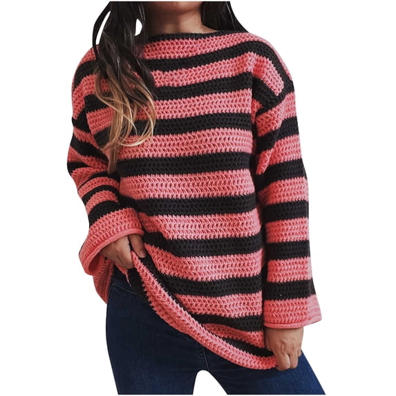 RYRJJ Women's Oversized Striped Sweaters Long Sleeve Crewneck Pullover Fall Fashion Chunky Knitted Sweater Tops(Pink,S)