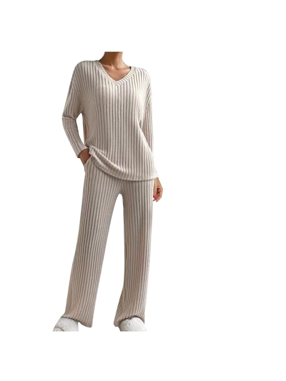 Women's Pajama Sets Long Sleeve 2 Piece Lounge Sets V-Neck Ribbed Knit Sweater Sleepwear Top and Wide Leg Pants Nightwear Outfits(Beige,XS)