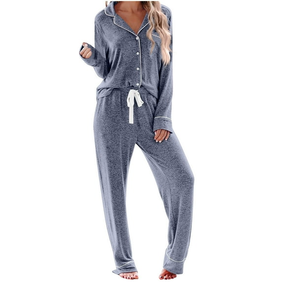 RYRJJ Women's Pajama Sets Long Sleeve Button Down Sleepwear Shirts and Drawstring Wide Leg Pants Nightwear Soft Pjs Lounge Sets(Blue,S)