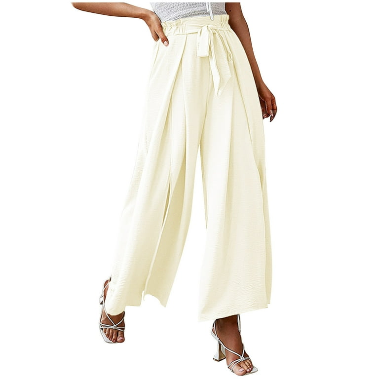 RYRJJ Women s Palazzo Wide Leg Pants Bow Knot Front High Waist Side Slit Flowy Pleated Pant Casual Work Dress Trousers with Belt Beige S Walmart