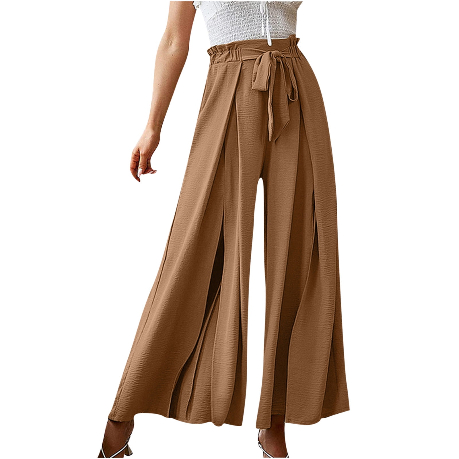 RYRJJ Women's Palazzo Wide Leg Pants Bow Knot Front High Waist Side Slit  Flowy Pleated Pant Casual Work Dress Trousers with Belt(Brown,S) 