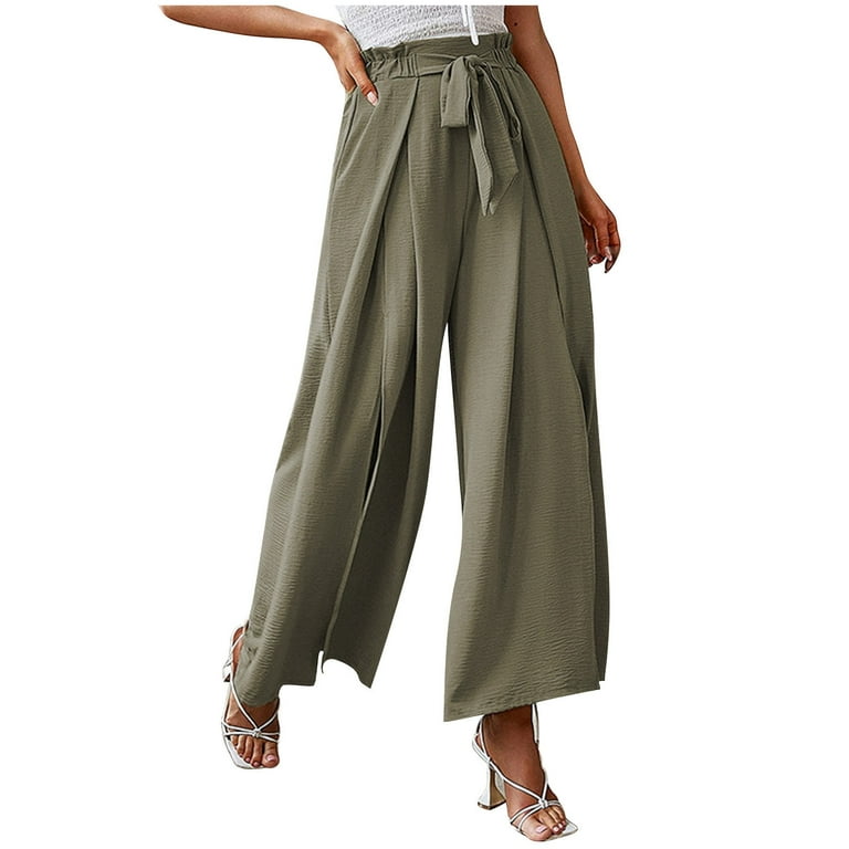 RYRJJ Women's Palazzo Wide Leg Pants Bow Knot Front High Waist Side Slit  Flowy Pleated Pant Casual Work Dress Trousers with Belt(Green,L)